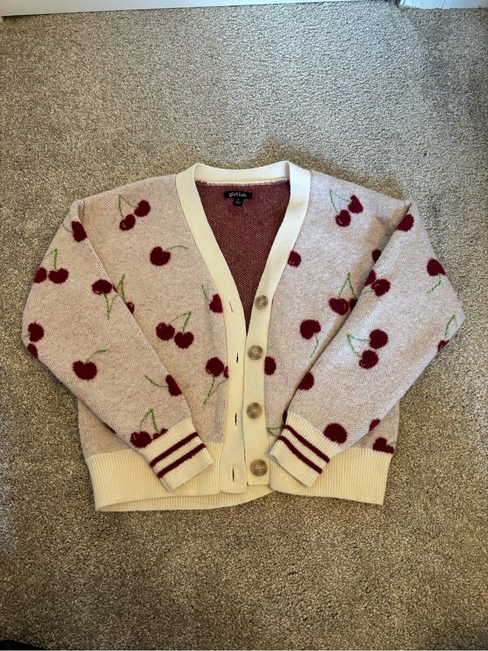 Pink Cherry-Print Button Cardigan